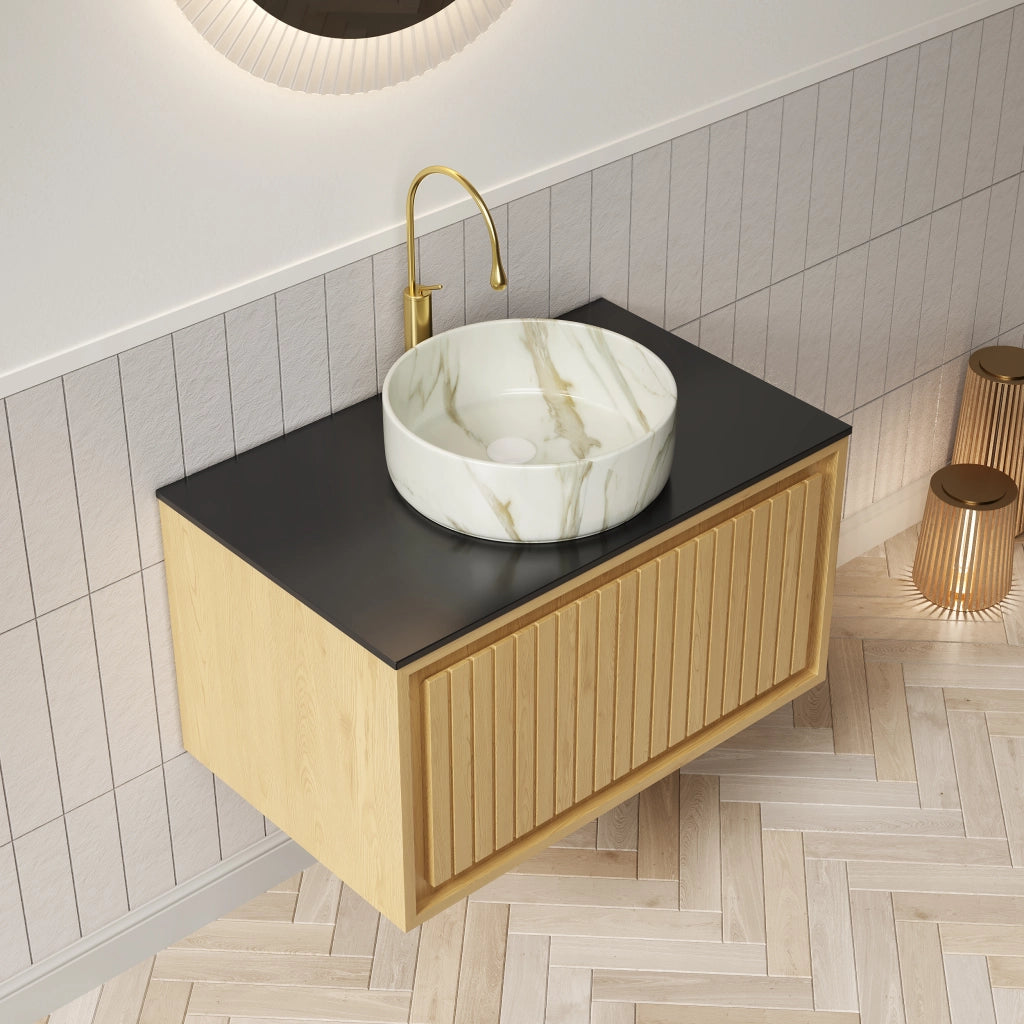 Mobiletto con lavabo sospeso con cassetto e piano in pietra sinterizzata nero 76 × 48 × 53.1 cm