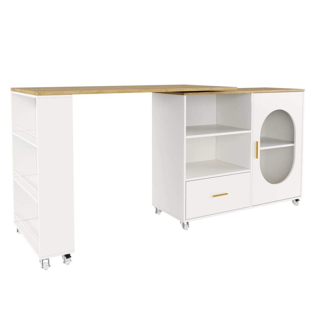 Isola da cucina mobile con piano girevole 360°, con spazio contenitivo, cassetto e ripiano regolabile, 120–180×60×90 cm, bianco e finitura naturale