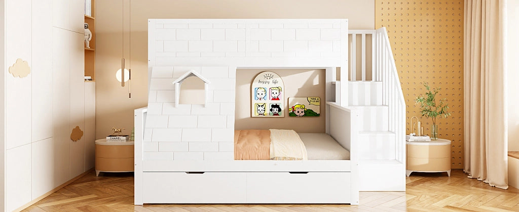 Letto a castello con scala di sicurezza cassetti e finestra legno bianco 90x200 140x200 cm