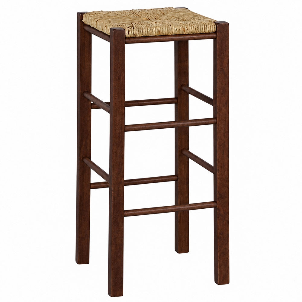 Sgabello h 70 cm in legno noce scuro con seduta quadrata in paglia gambe dritte