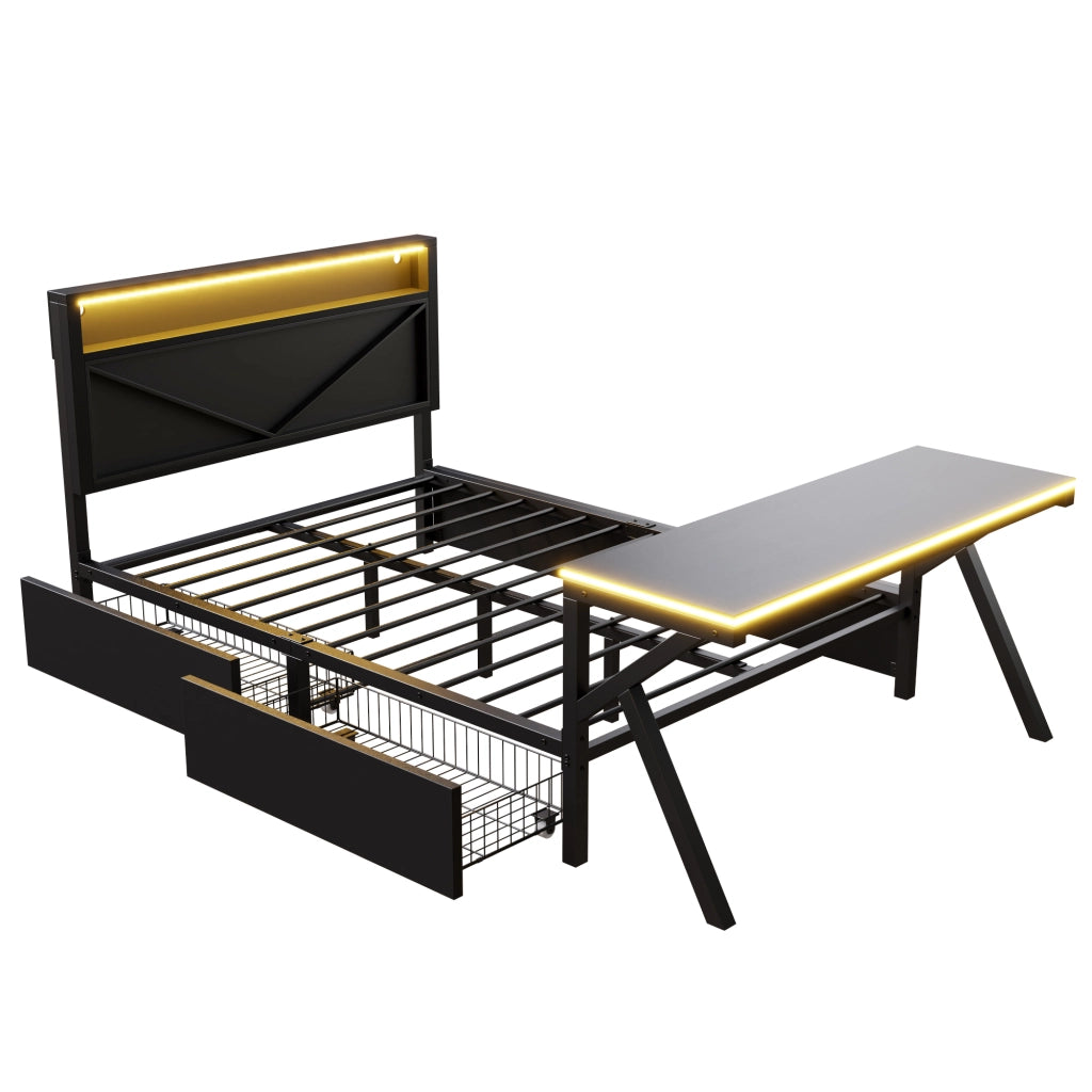 Letto Contenitore Imbottito 140x200 cm con Cassetti; LED; Nero