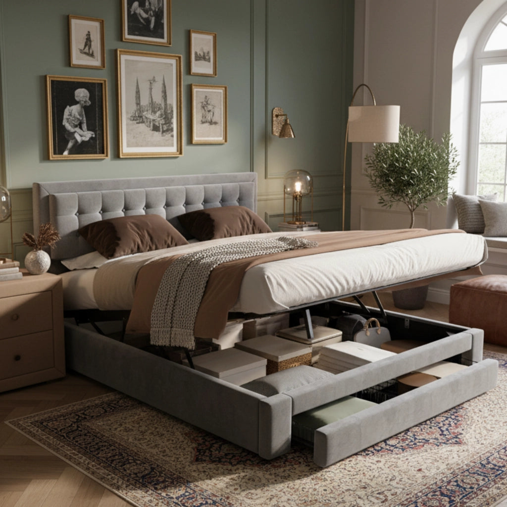 Letto con contenitore 160 × 200 cm con testiera regolabile e cassetti in rete metallica rivestito in velluto grigio