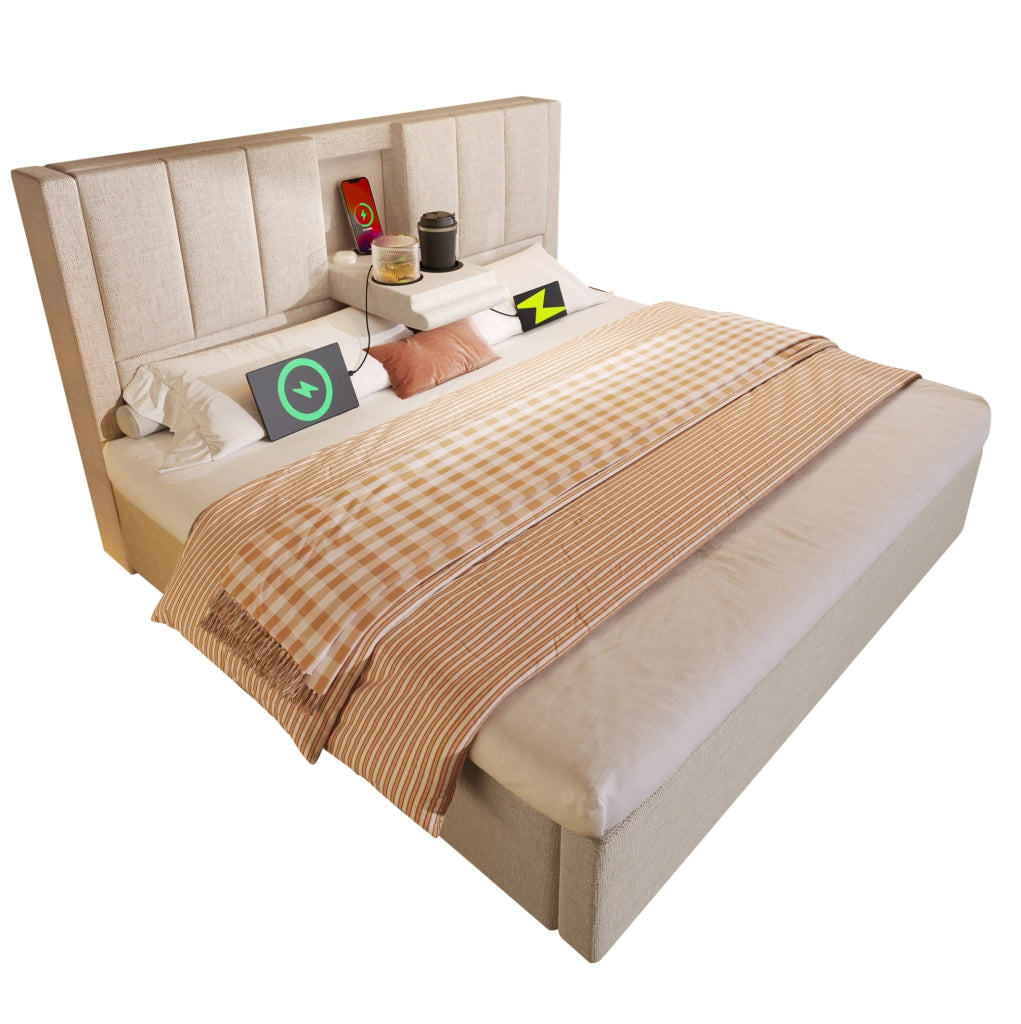 Letto matrimoniale imbottito 160x200 cm con contenitore, presa USB e portabicchieri