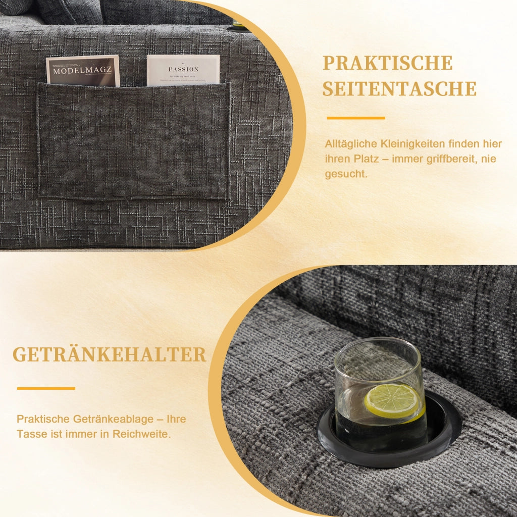 Divano modulare a 3 posti in ciniglia grigio scuro con pouf cuscini e tasche laterali 256 × 161 × 75 cm