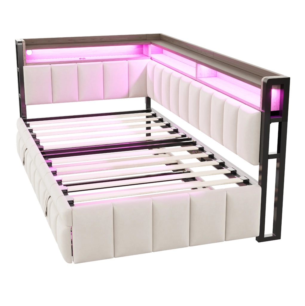 Divano letto estraibile 90x200 cm con LED, USB e USB-C in velluto beige