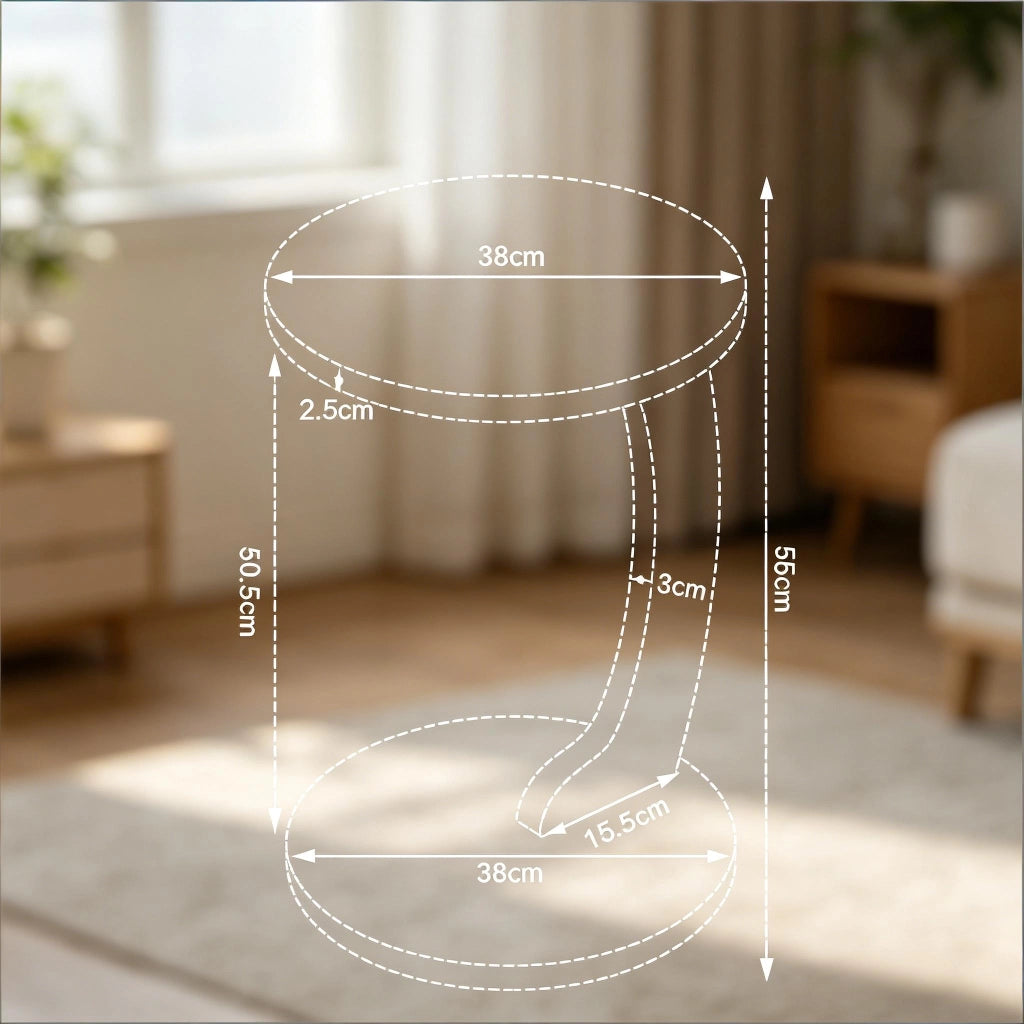 Tavolino da divano rotondo a C in MDF bianco con ripiano sospeso per soggiorno e camera da letto 38 × 55 cm
