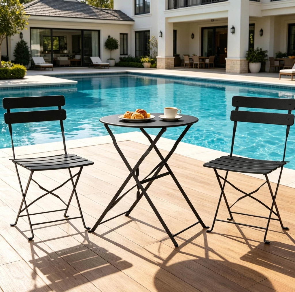 Set bistrot pieghevole da giardino in metallo nero, tavolo Ø58x70 cm, salvaspazio –