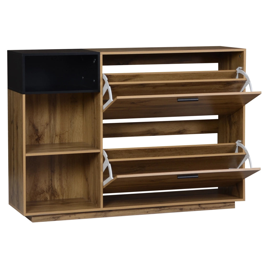 Scarpiera in MDF con 3 vani aperti e 2 scomparti a ribalta; 120 ¡Á 32 ¡Á 84;5 cm; naturale e nero