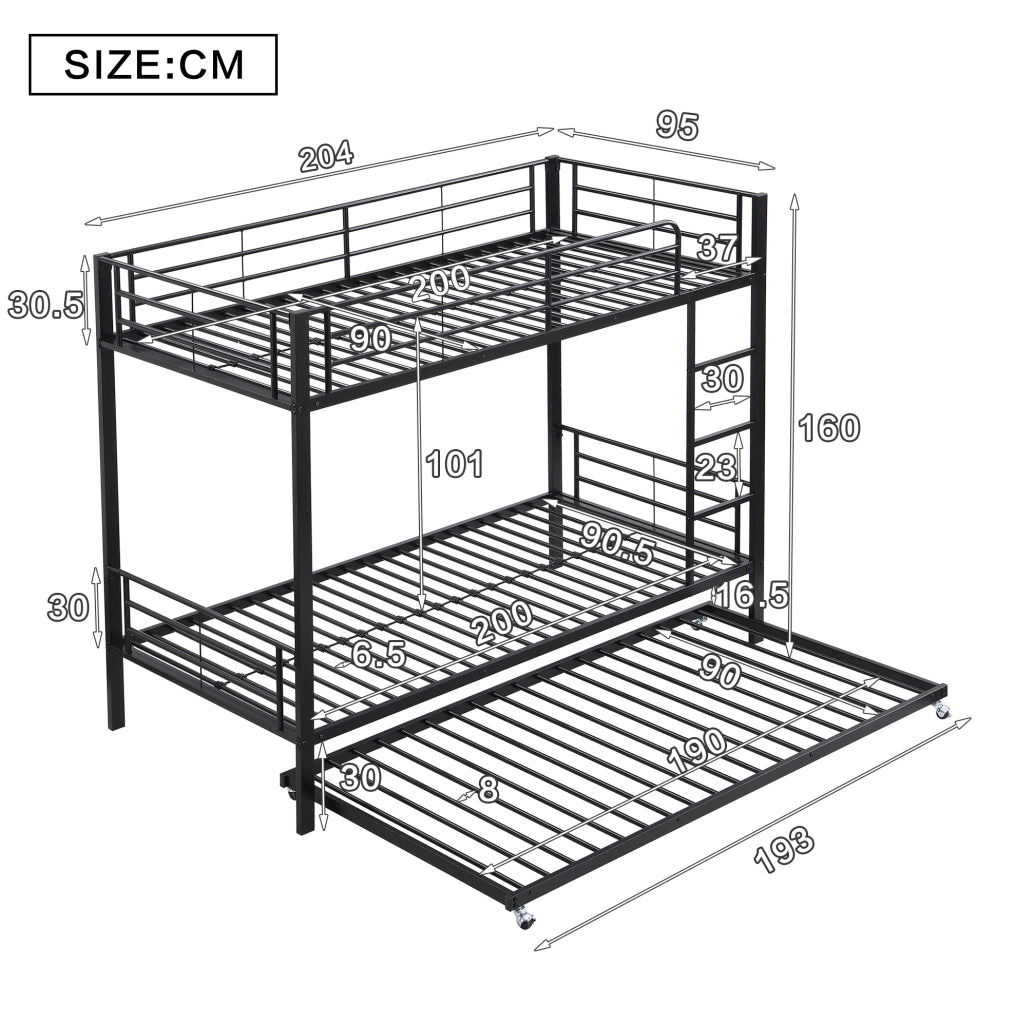 Letto a castello in metallo con letto estraibile; 90x200 cm e 90x190 cm; nero