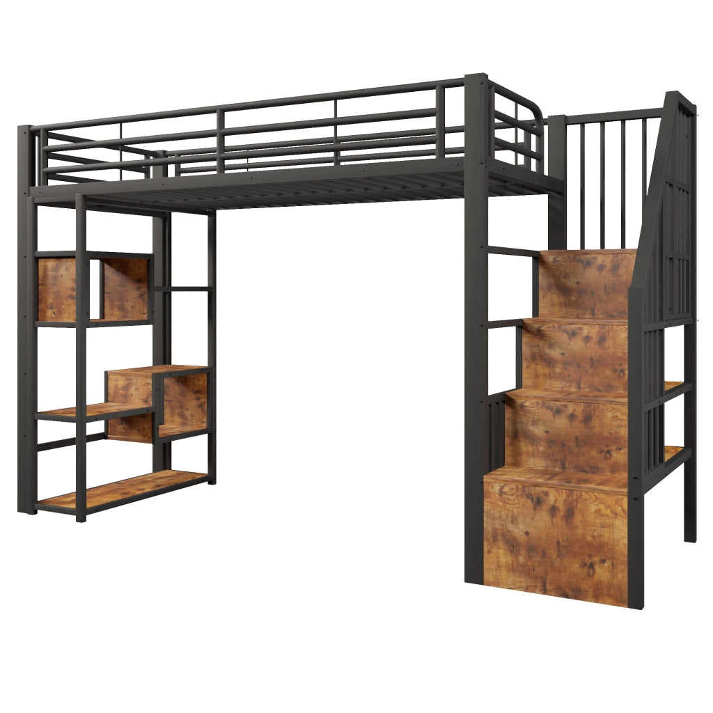 Letto a soppalco 90x200 cm con scala; ripiani; sponde e LED; struttura in metallo e MDF nera