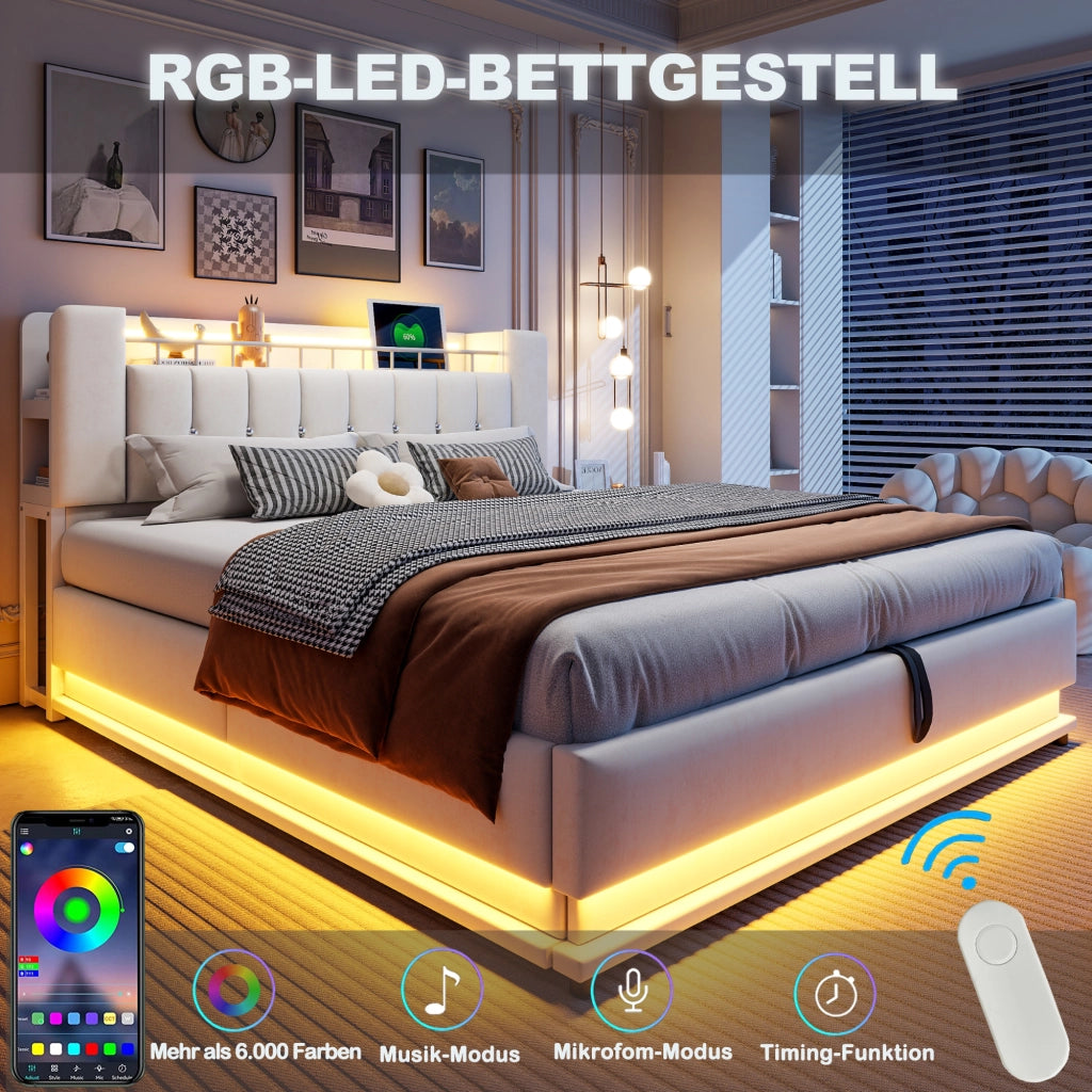 Letto imbottito 160 ¡Á 200 cm con LED USB contenitore idraulico in velluto beige rete a doghe in metallo