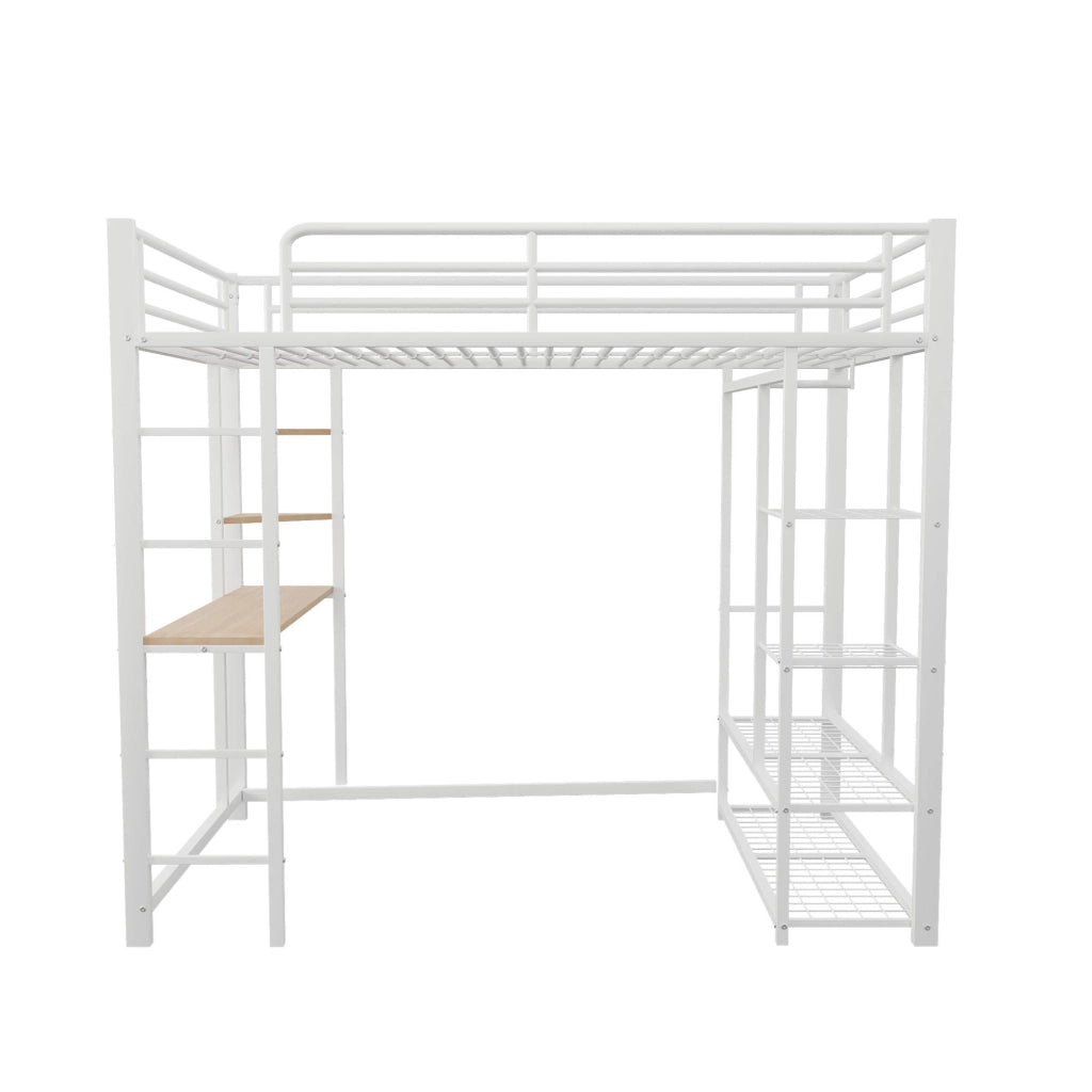 Letto a soppalco 90x200 cm con scrivania, ripiani e appendiabiti bianco