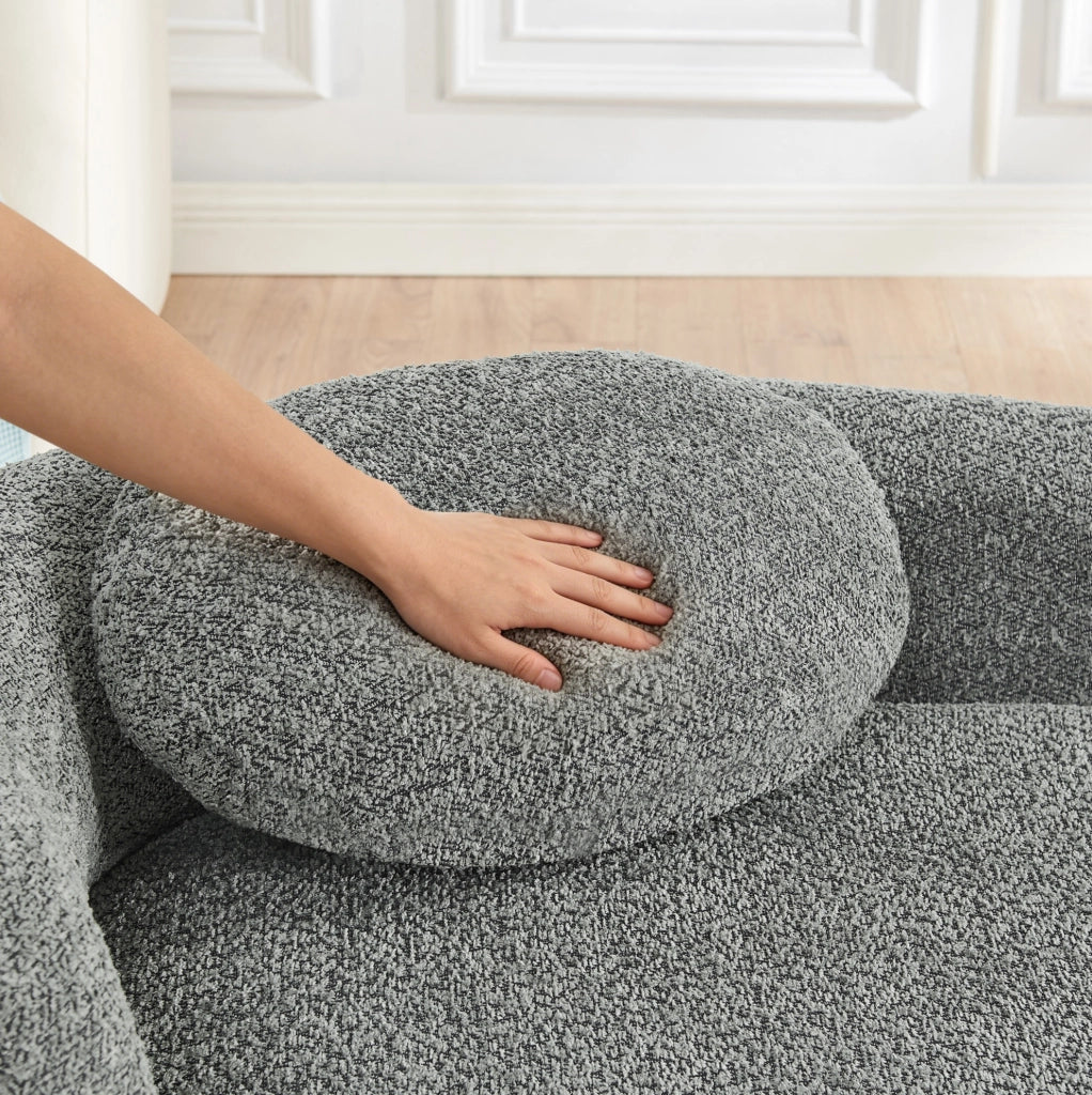 Divano minimalista grigio in tessuto Teddy, imbottitura in schiuma ad alta elasticità, design arrotondato per soggiorno e camera da letto
