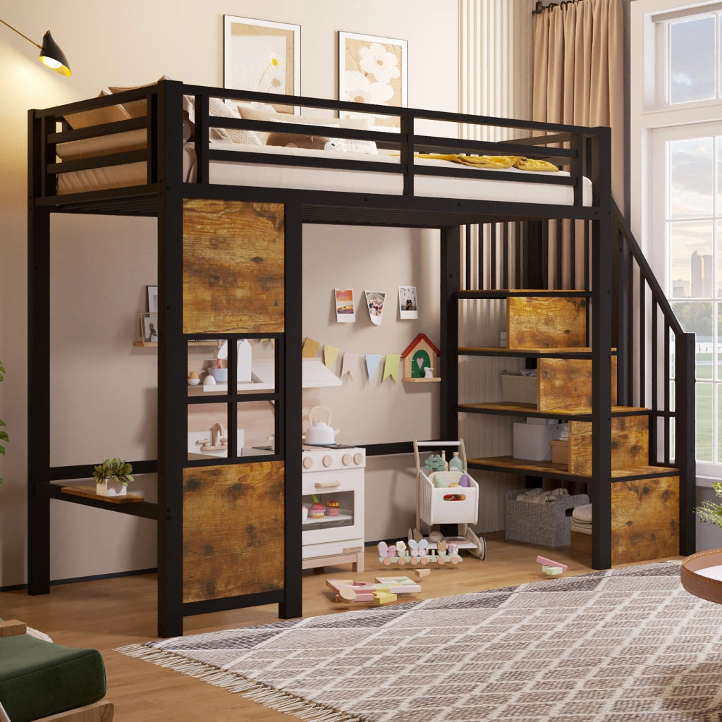 Letto a soppalco 90x200 cm in metallo e MDF; nero; con scala contenitore e spazio giochi
