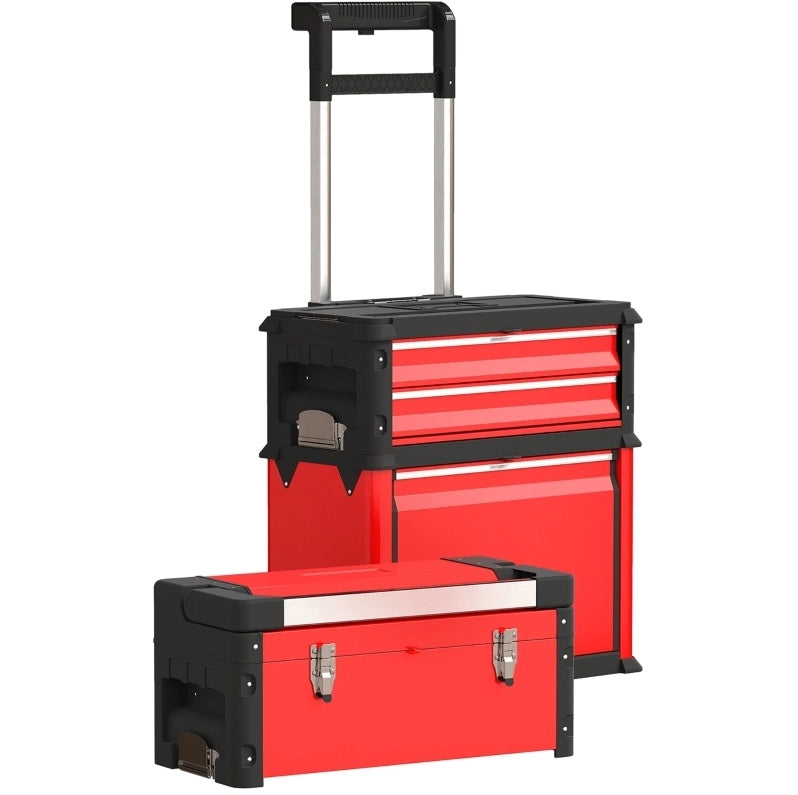 Carrello portautensili modulare in acciaio rosso con 3 unità, maniglia telescopica e ruote da 5"