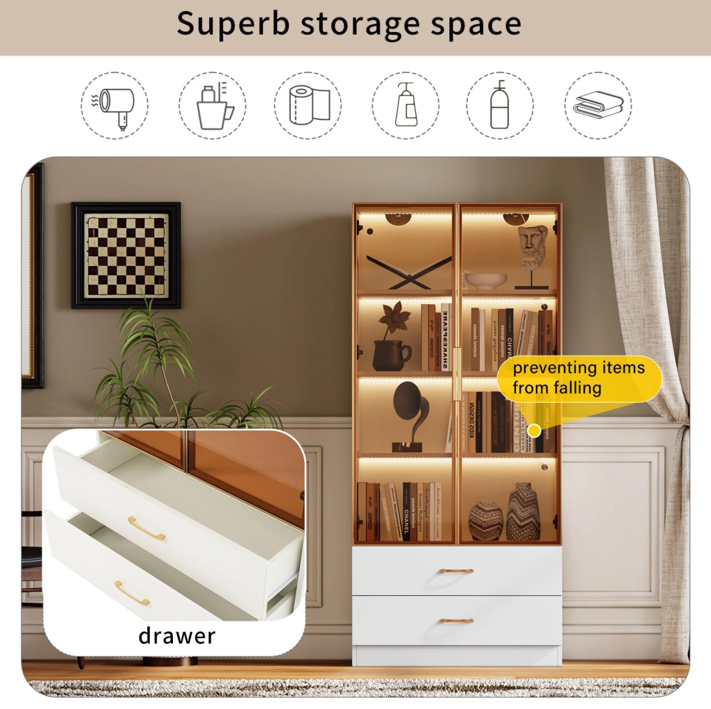 Mobile bagno 75 cm con luci a barra, 2 cassetti grandi, 2 ante in vetro temperato