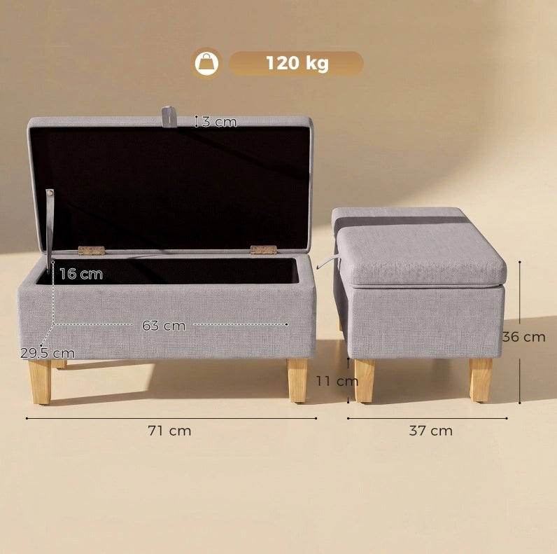 Panca contenitore imbottita in tessuto effetto lino grigio chiaro con gambe in legno di gomma