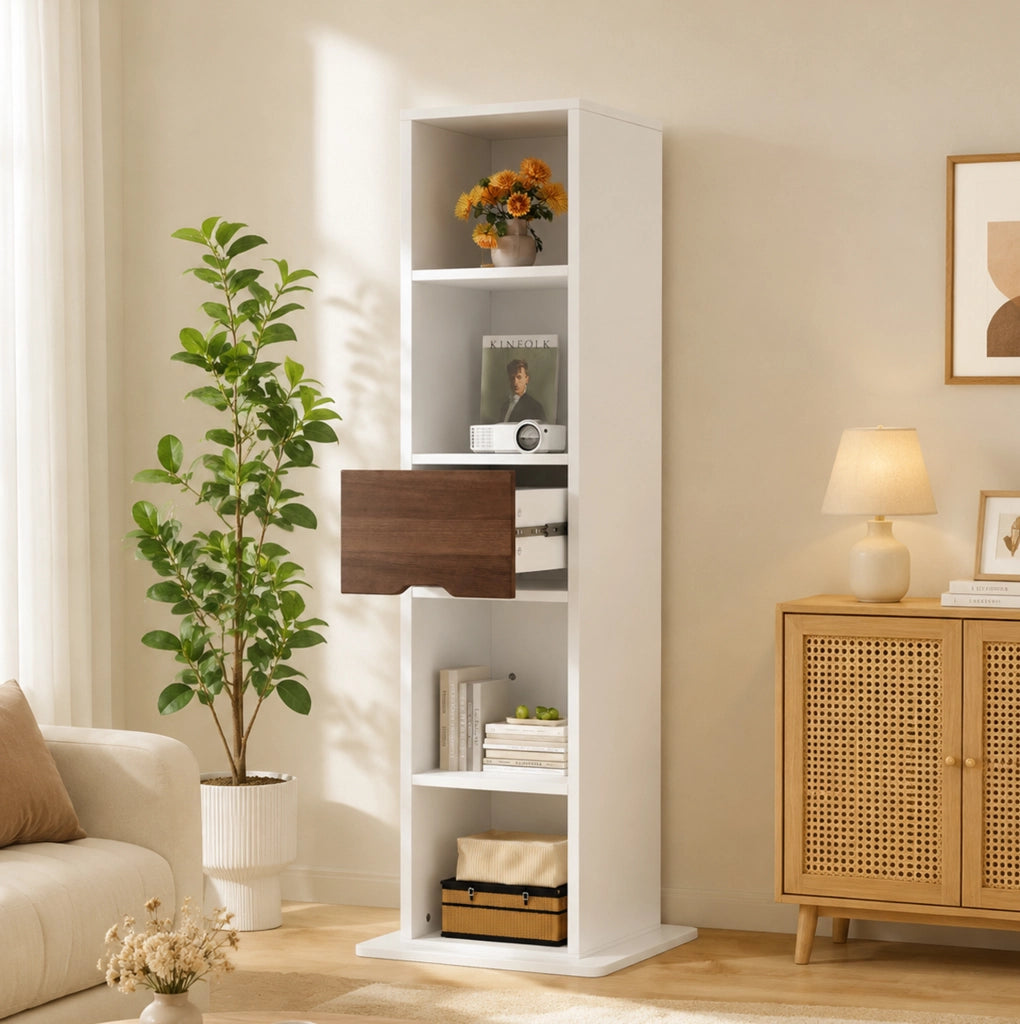 Mobile vetrina girevole 45 x 45 x 168 cm in MDF bianco con specchio a figura intera e cassetto