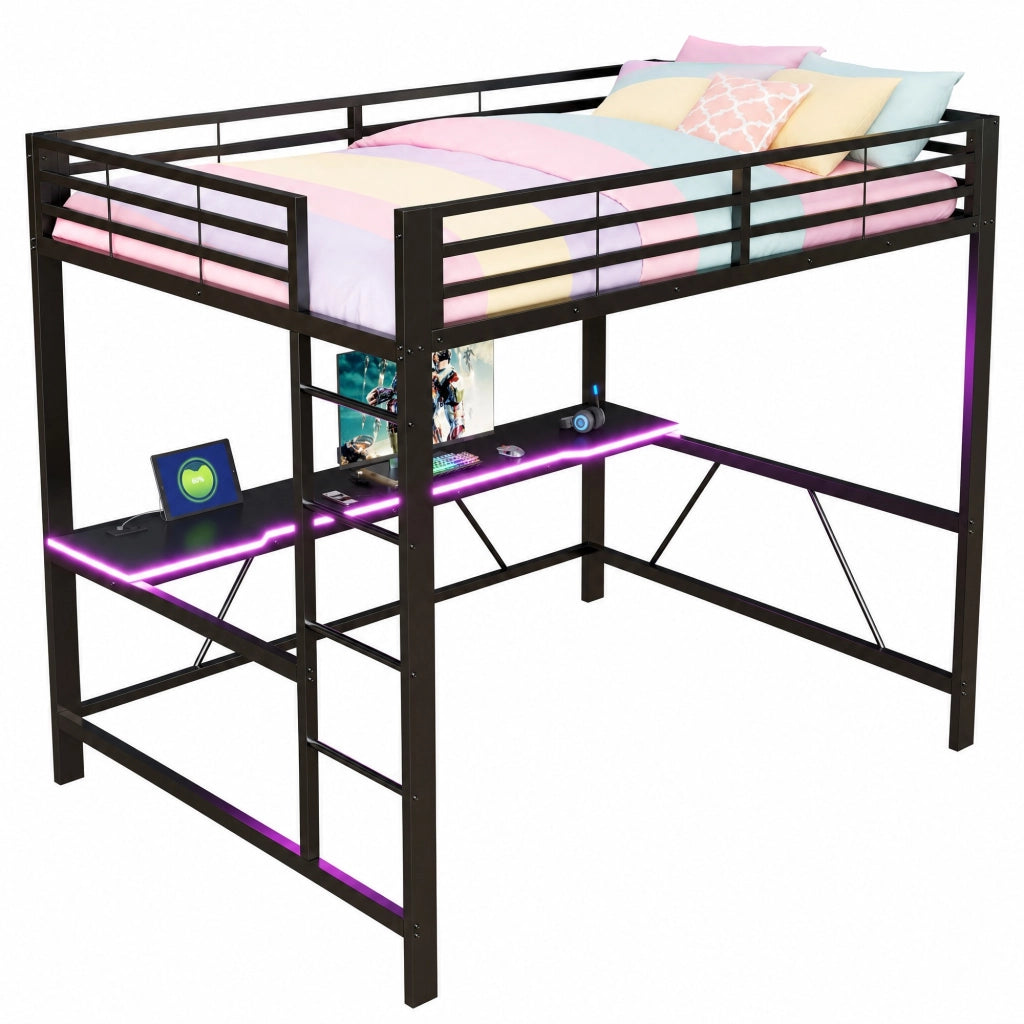 Letto a soppalco 160 × 200 cm con scrivania; LED; USB e barriera in metallo e MDF nero