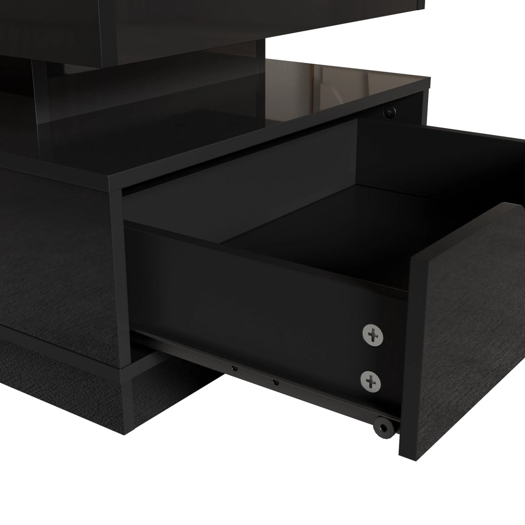Tavolino da caffè alzabile con 1 cassetto, vani aperti, presa integrata e LED, in MDF nero, 90 × 48 × 42.5 cm