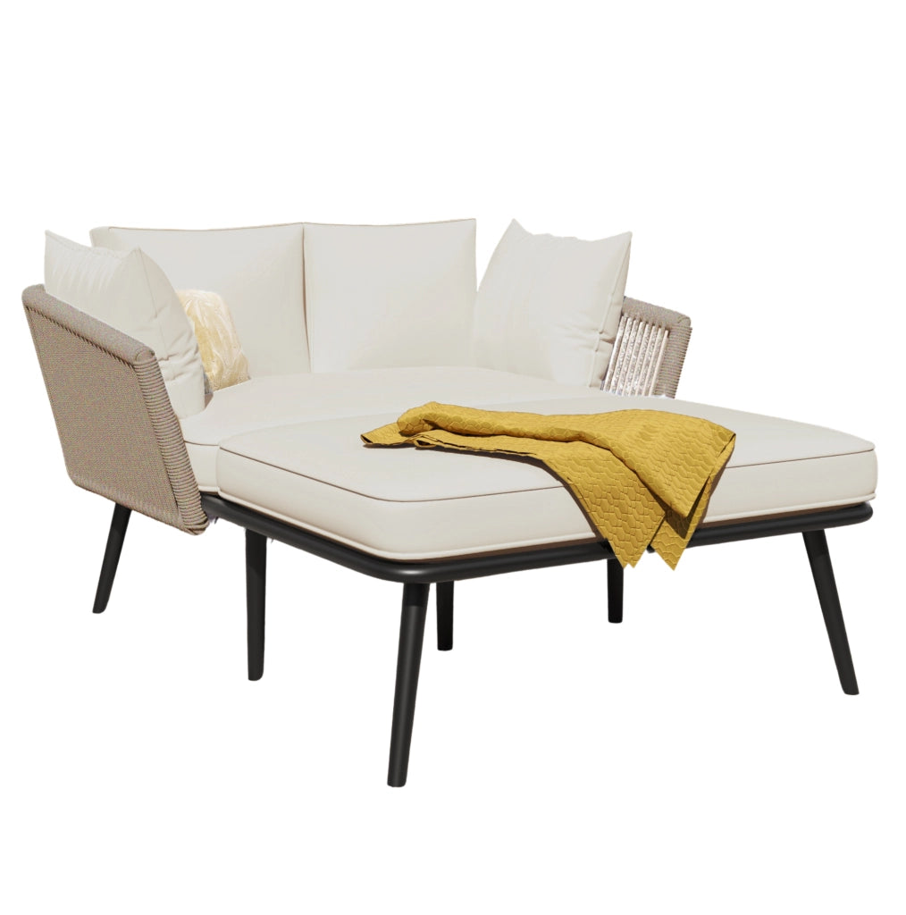 Divano da giardino con 2 cuscini e struttura in acciaio, tessuto beige e corda kaki, per esterni, balcone e terrazza