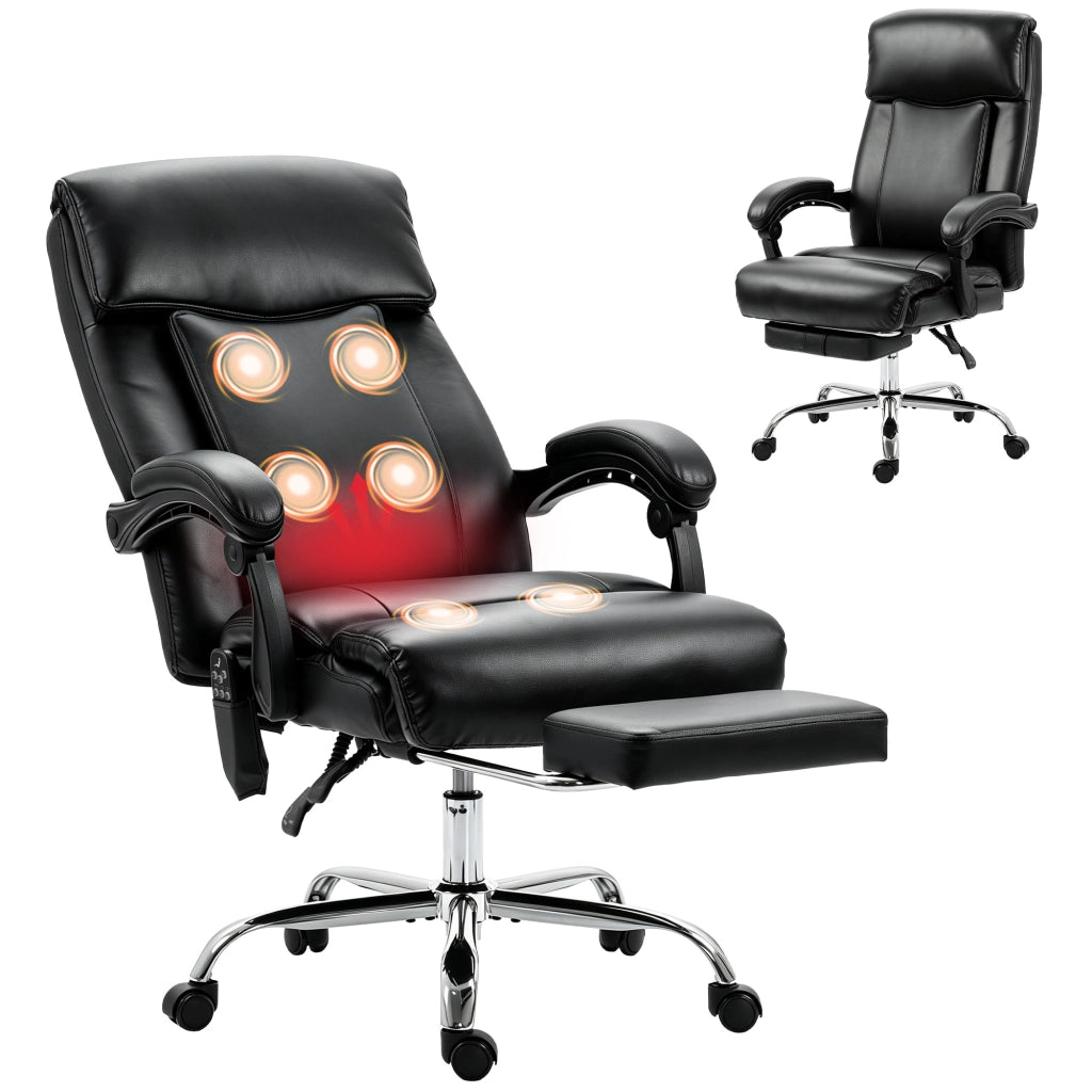 Sedia da Ufficio Massaggiante con 6 Punti a Vibrazione e Calore Lombare, Reclinabile 135°, Altezza 49-58 cm, Nera