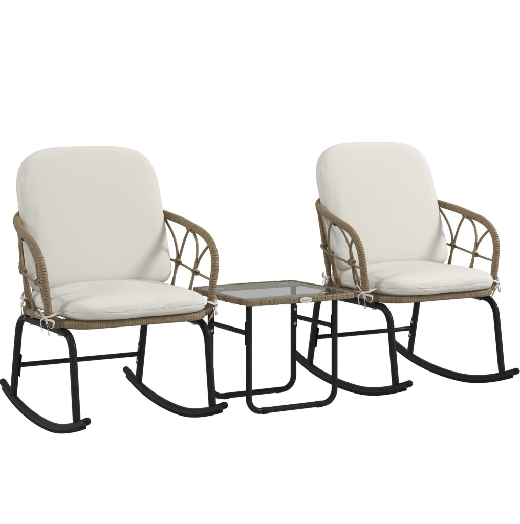 Set da giardino in rattan 3 pezzi con 2 sedie a dondolo e tavolino con cuscini, per terrazza e balcone