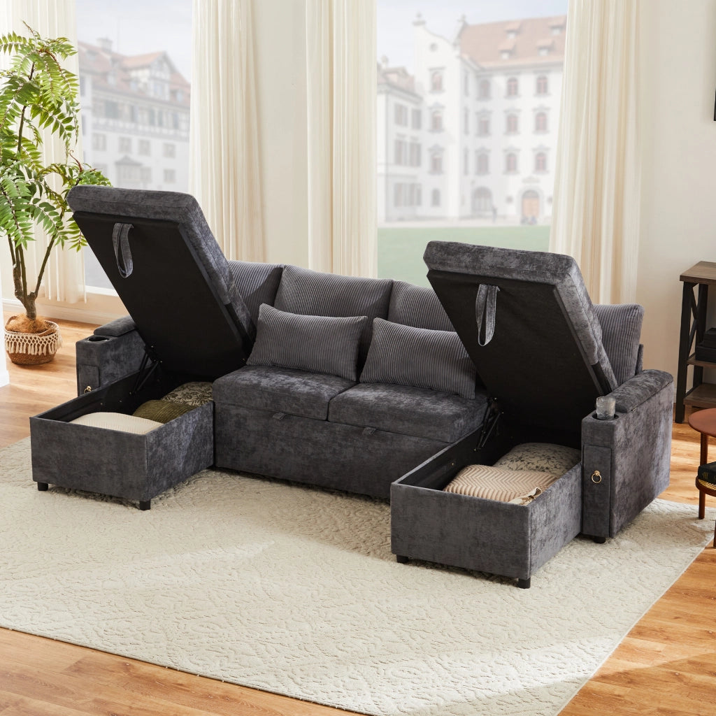 Divano letto modulare a U 4 posti con portabicchieri e contenitore; grigio