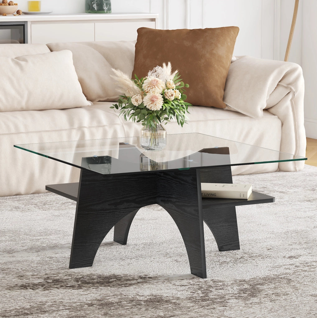 Tavolino quadrato moderno in vetro temperato con struttura in MDF effetto legno nero 80x40 cm