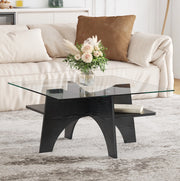 Tavolino quadrato moderno in vetro temperato con struttura in MDF effetto legno nero 80x40 cm
