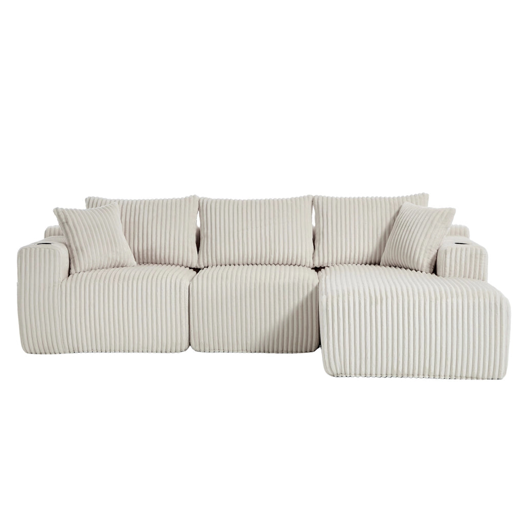 Divano modulare in velluto a coste beige con chaise longue