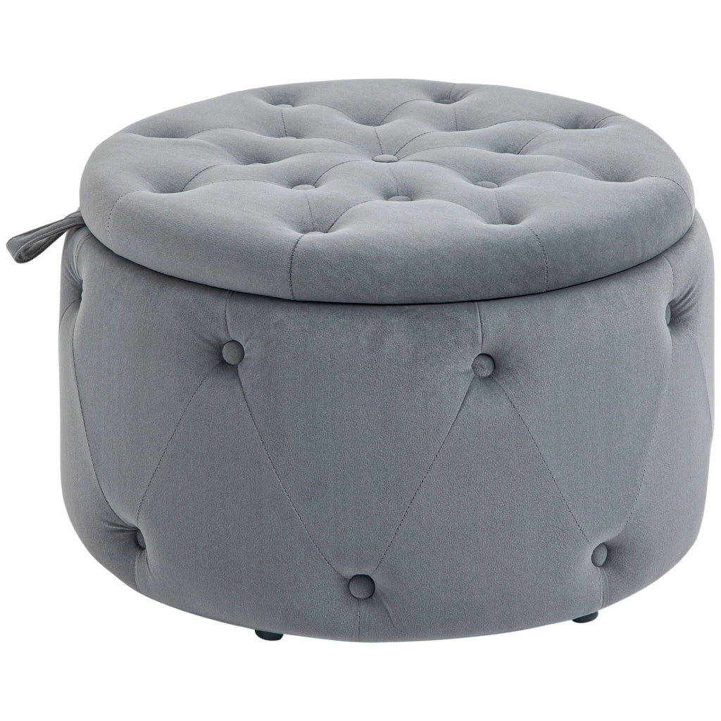 Poggiapiedi contenitore rotondo imbottito con coperchio, effetto velluto in poliestere grigio Ø60×40 cm