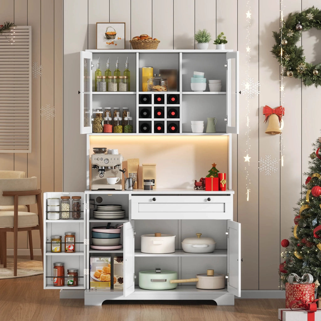 Armadio da cucina alto 180x105x40 cm con porta, ripiano spezie integrato, mensole regolabili, illuminazione LED a cambio colore e presa elettrica