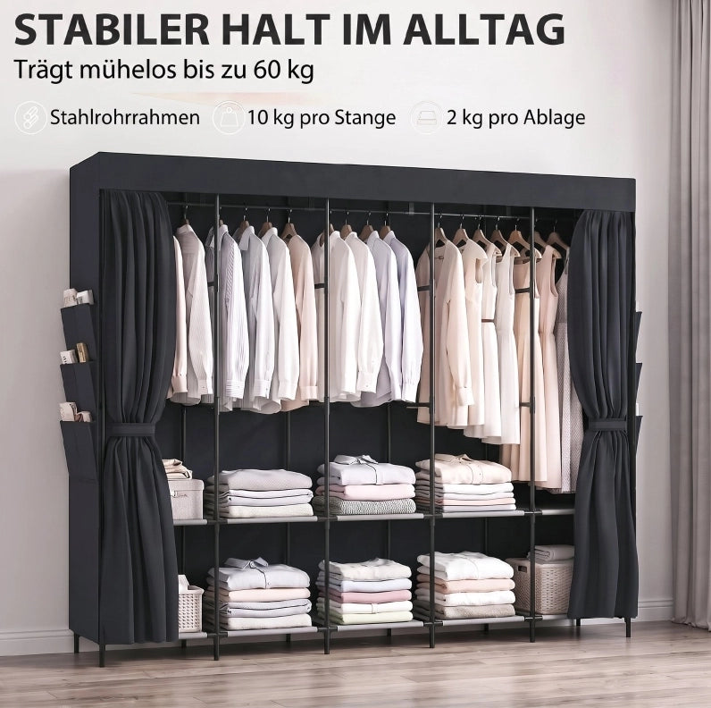 Armadio in tessuto nero con 5 bastoni appendiabiti e 5 ripiani, 212 x 45 x 167 cm, salvaspazio e portatile