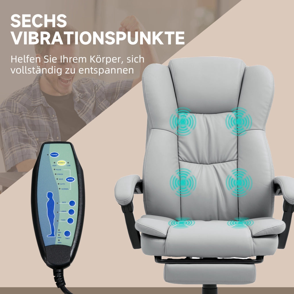 Sedia da ufficio ergonomica con massaggio; schienale reclinabile; poggiapiedi e rotazione 360° in similpelle - grigio chiaro