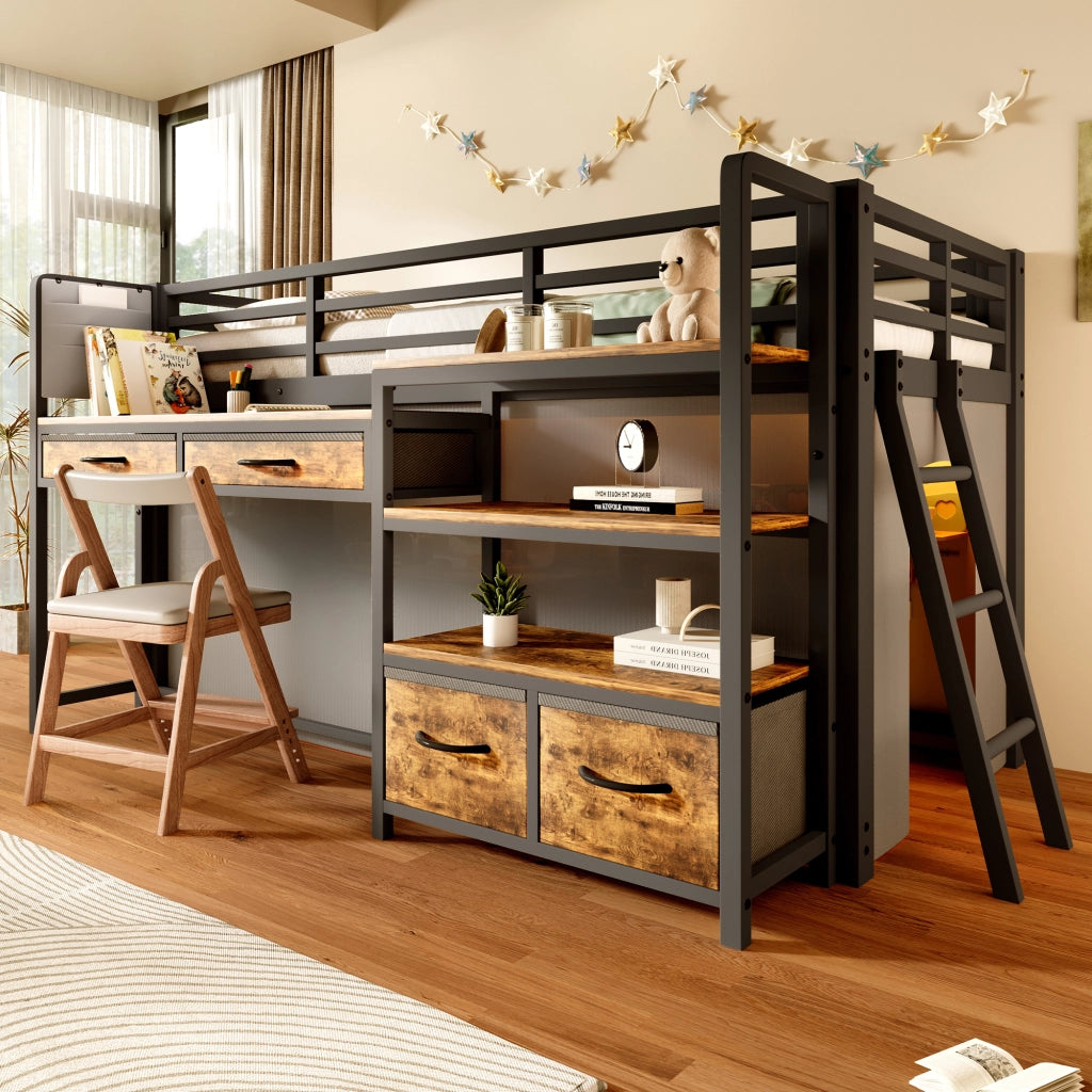 Letto a soppalco 90x200 cm con scrivania; scaffali e cassetti; in metallo nero