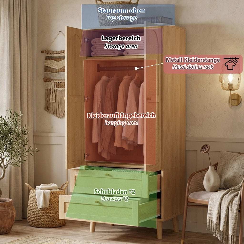 Armadio con 2 ante, appendiabiti, ripiani e 2 cassetti per camera, in MDF naturale, 80 × 50 × 180 cm