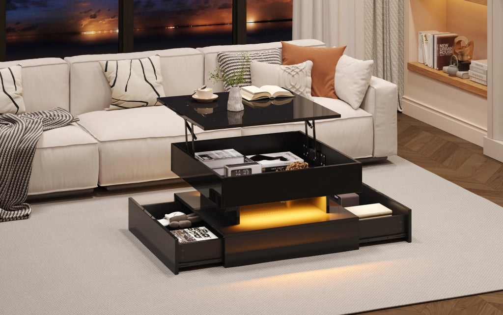 Tavolino Salotto Nero 65x65x38,5 cm con Piano Sollevabile, 2 Cassetti, LED Controllabile via App, Design Quadrato in Truciolato Lucido