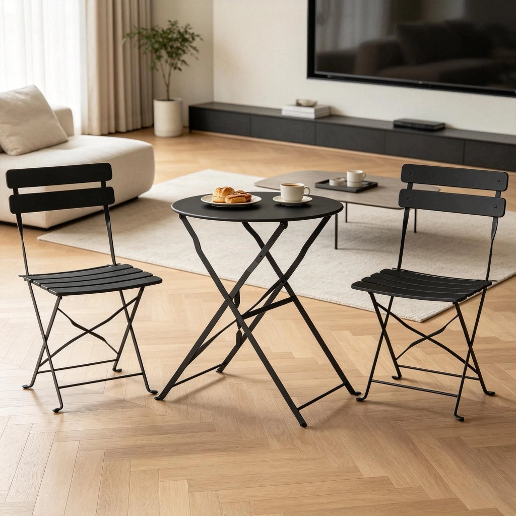Set da bistrot pieghevole da esterno con tavolo e 2 sedie in metallo nero resistente alla ruggine e agli agenti atmosferici