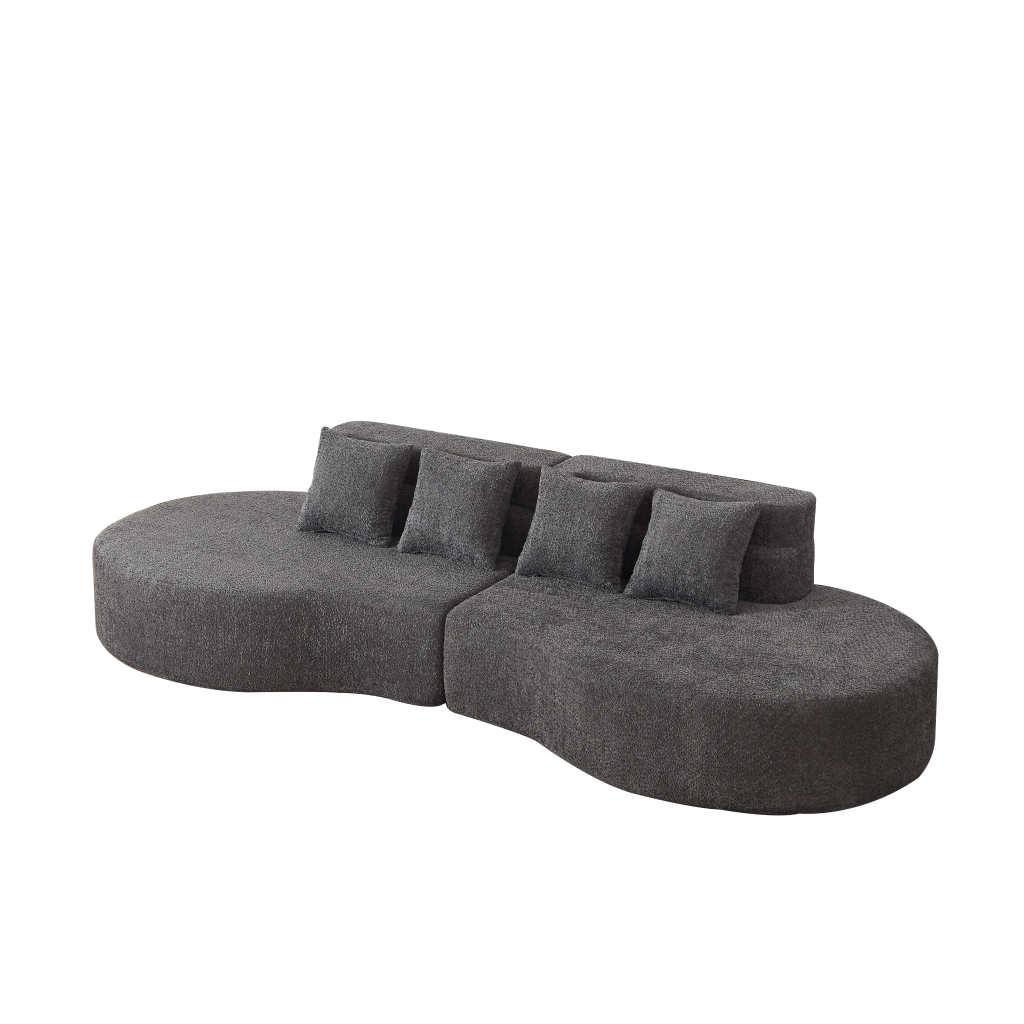 Divano modulare 2 pezzi con schienale a livelli e cuscini in chenille grigio