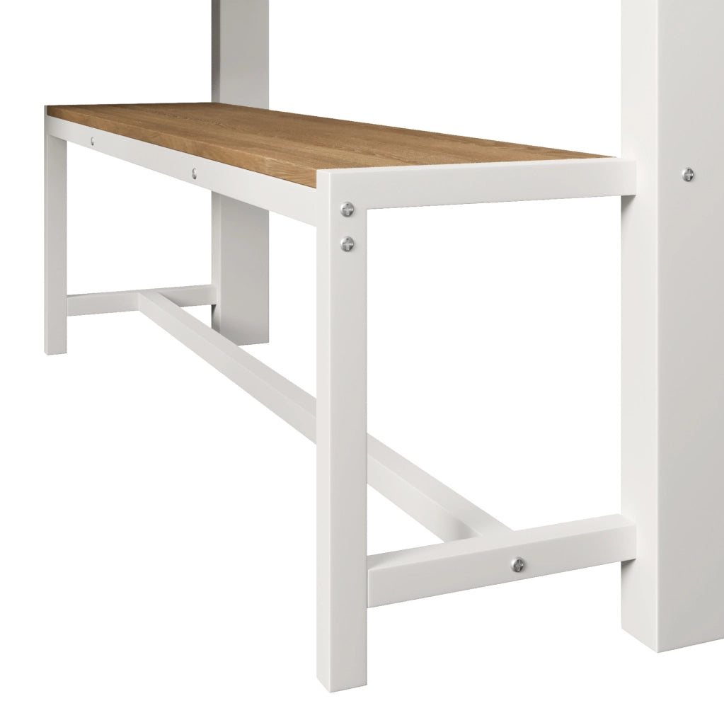 Letto a soppalco 140x200 cm in metallo bianco con scrivania; LED e ripiani HOMVRA