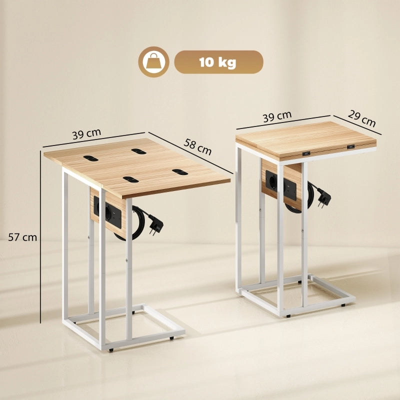 Tavolino a C pieghevole con piano estensibile e stazione di ricarica USB per divano; legno e metallo bianco