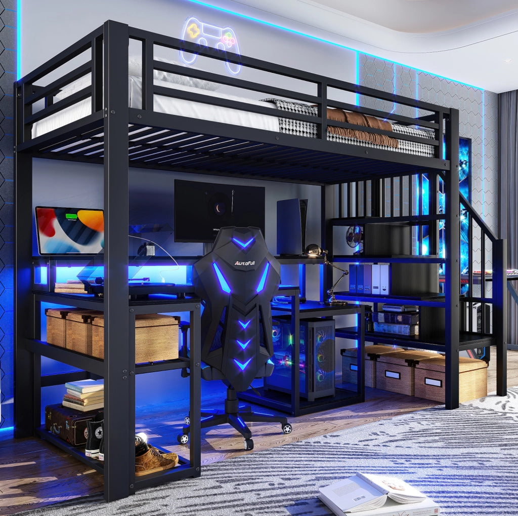 Letto a soppalco 90x200 cm nero con scrivania, LED e USB