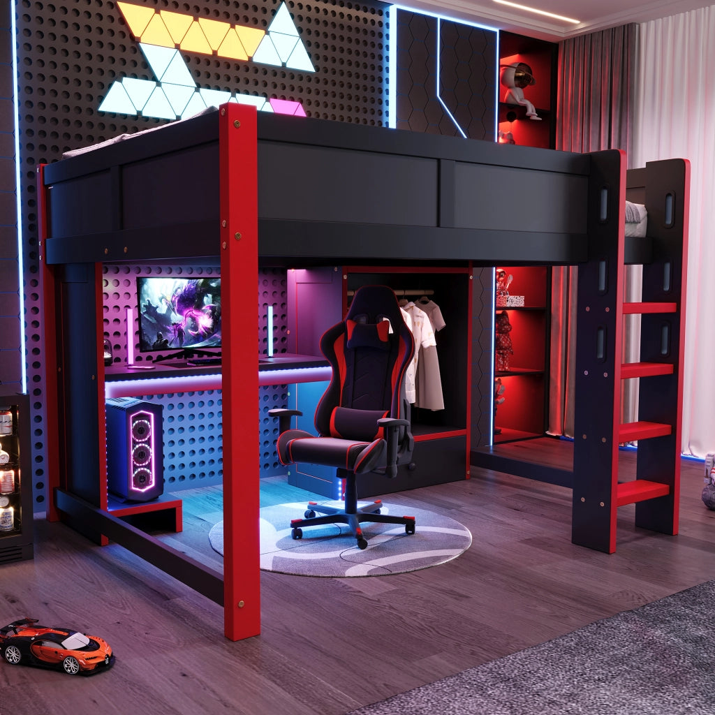 Letto a soppalco 140x200 cm con scrivania integrata; armadio e scaffali; gaming nero e rosso
