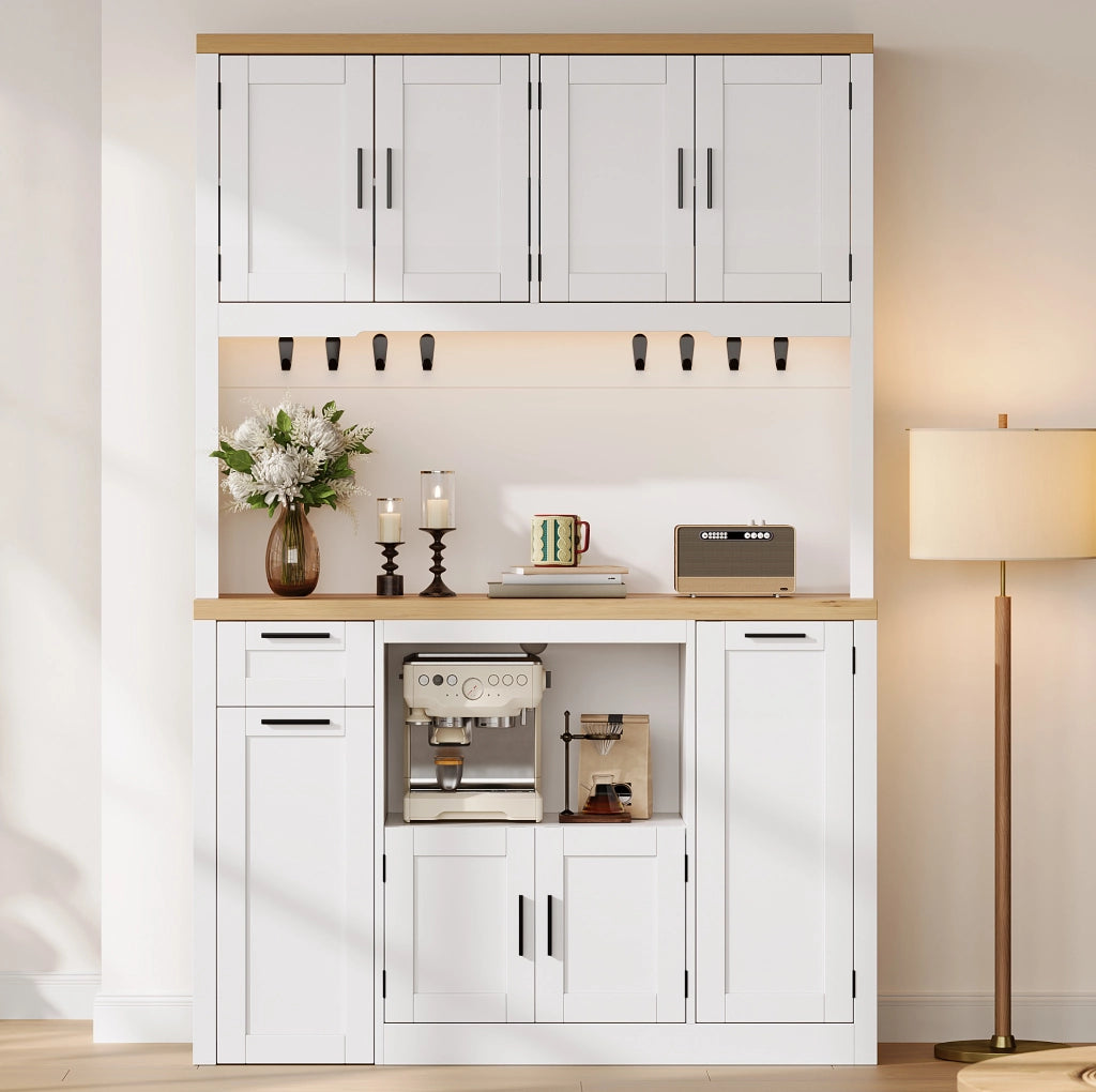 Mobile cucina 120x40x182 cm con LED RGB, prese e cassetti in MDF bianco e naturale