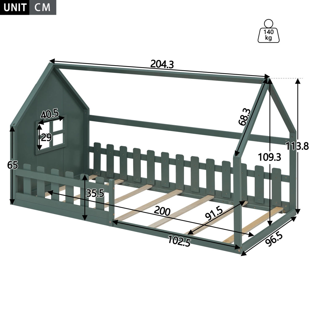 Letto a casetta 90 × 200 cm con 7 doghe struttura bassa in legno e MDF verde per cameretta