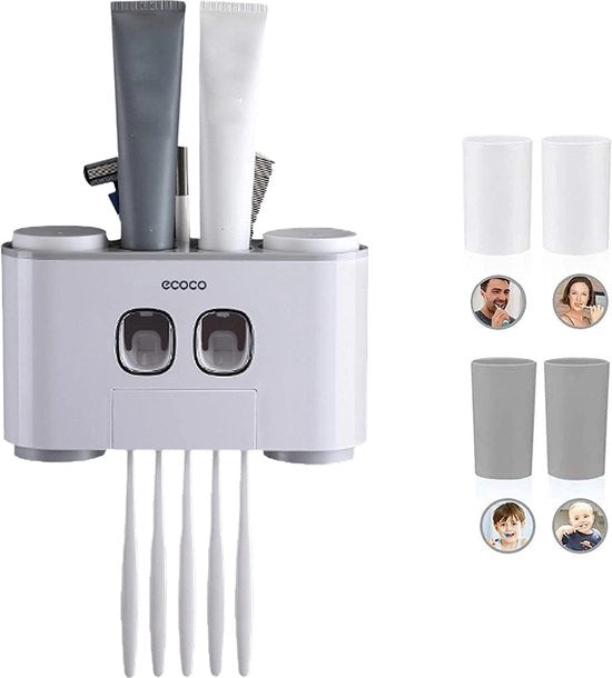 Set di Dispensatori di Pasta Dentale Automatici e Ombrellino per Spazzolini da Denti, con 2 Dispensatori di Pasta Dentale, 4 Cucchiai e 5 Alloggiamenti per Spazzolini da Denti, adatto per Bambini e Adulti (Grigio)