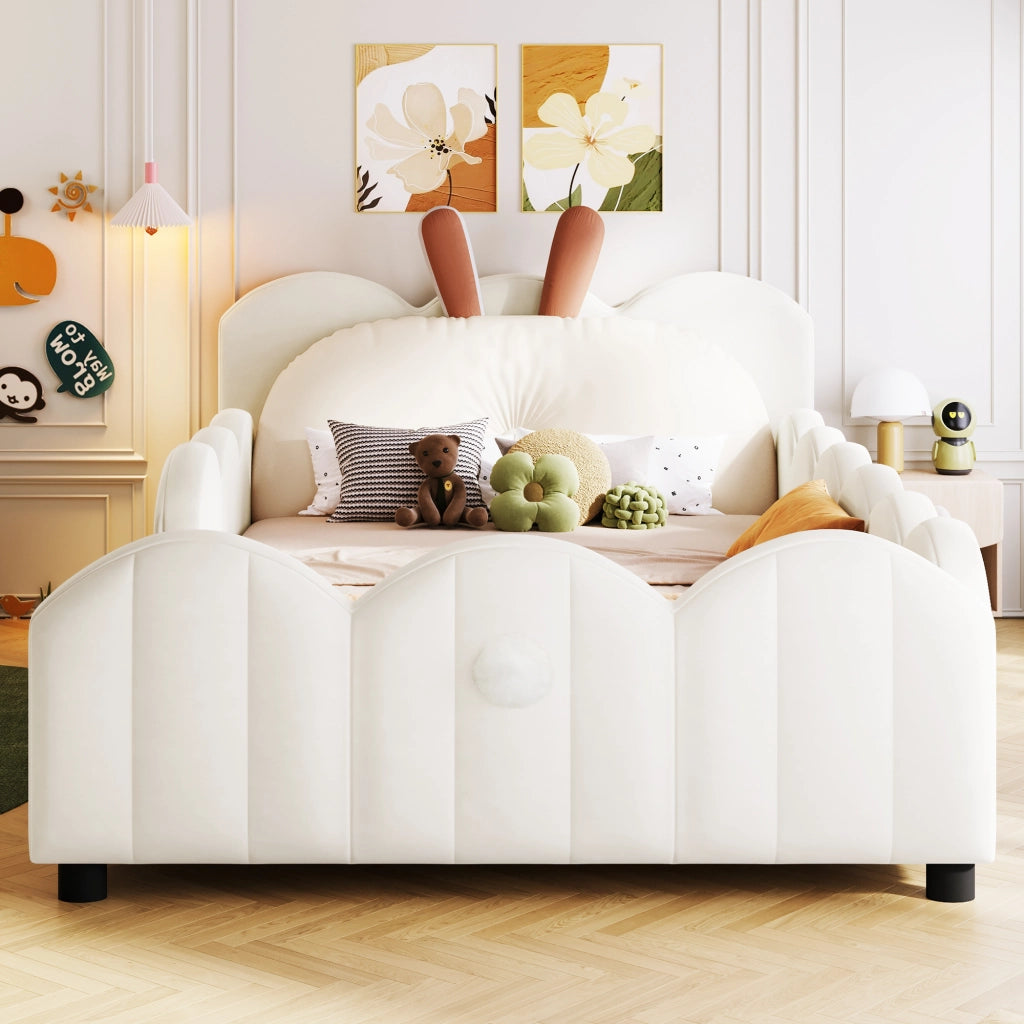 Letto imbottito 90 × 200 cm con cuscino a orecchie di coniglio e sponde continue in velluto beige