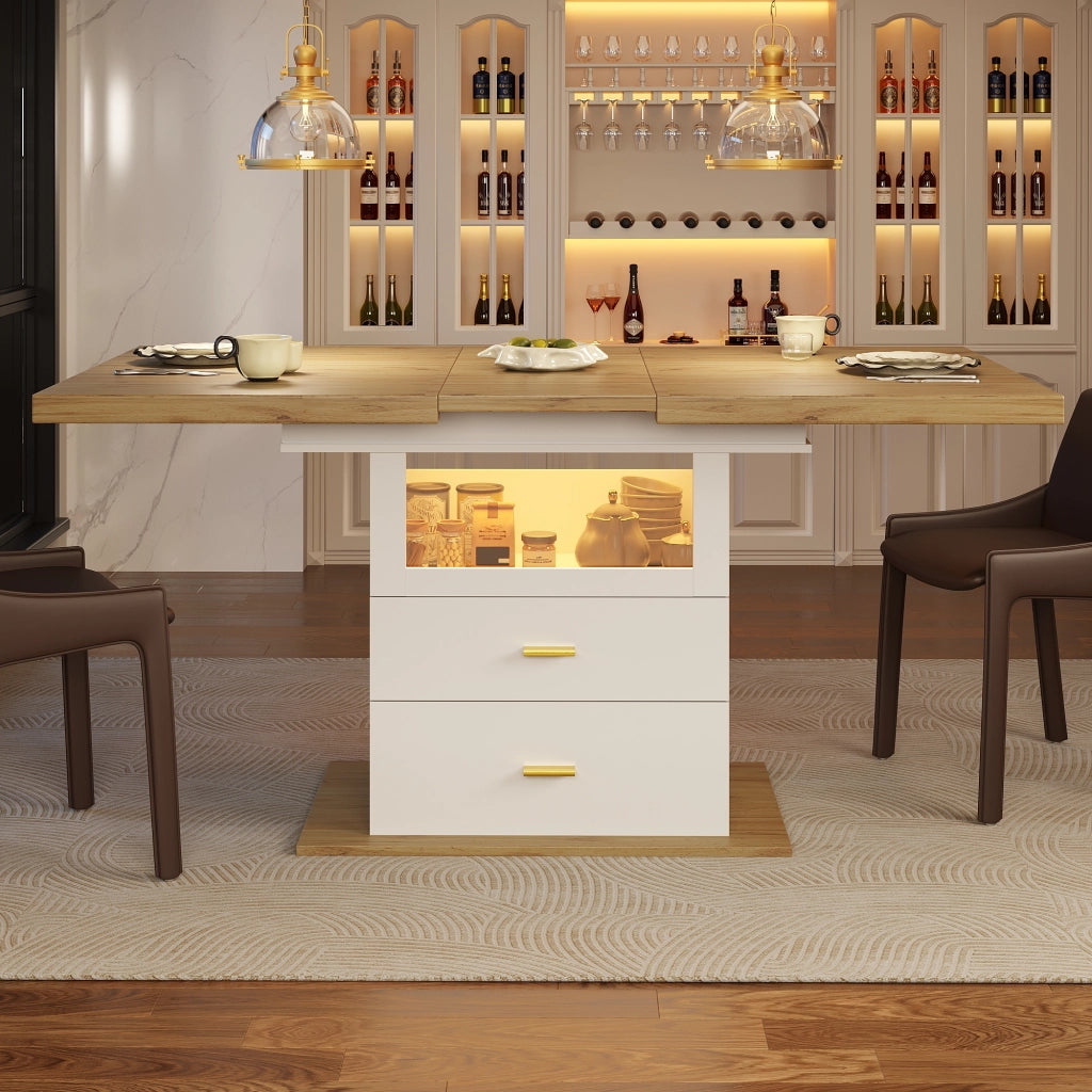 Tavolo da pranzo allungabile con LED controllabile via app e vano contenitore in MDF bianco