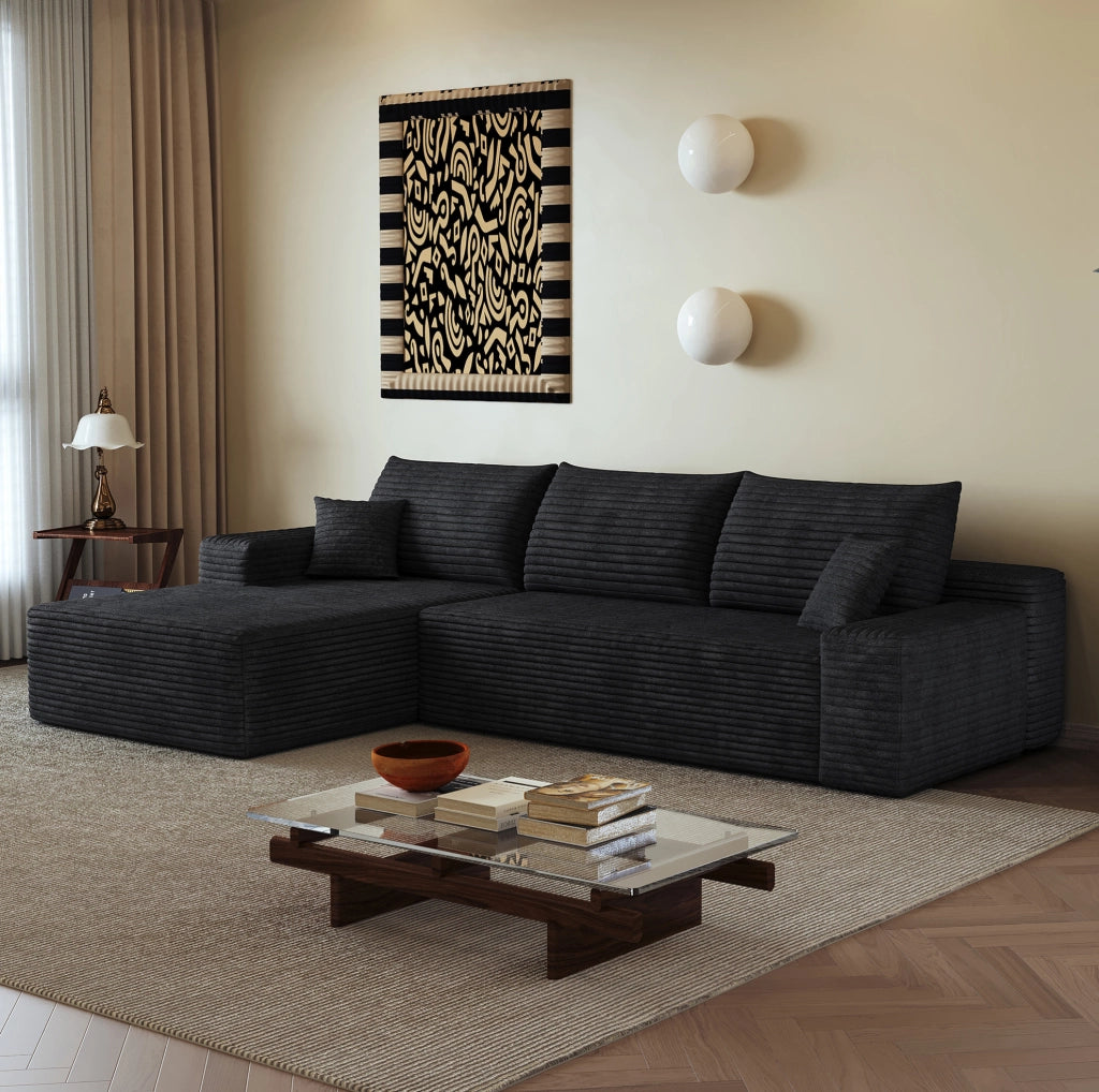 Divano modulare angolare boneless 270 cm con chaise longue a L in velluto a coste nero, senza montaggio